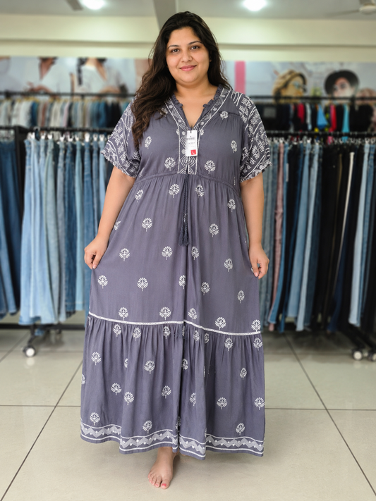 Slate Grey Bohemian Embroidered Tiered Maxi Dress