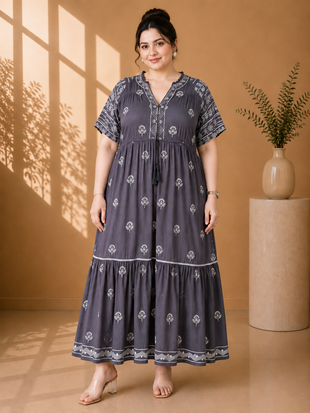 Slate Grey Bohemian Embroidered Tiered Maxi Dress
