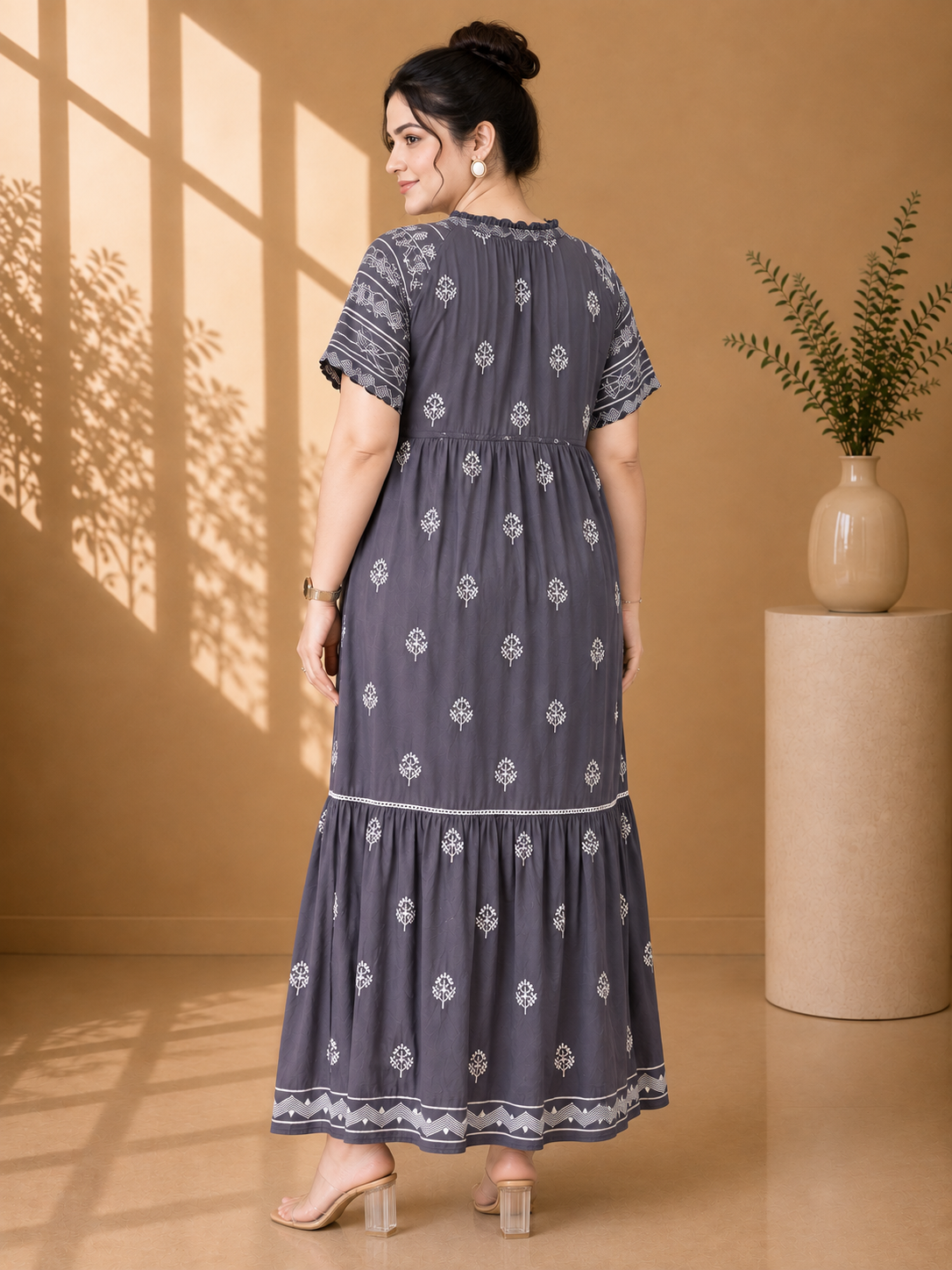 Slate Grey Bohemian Embroidered Tiered Maxi Dress