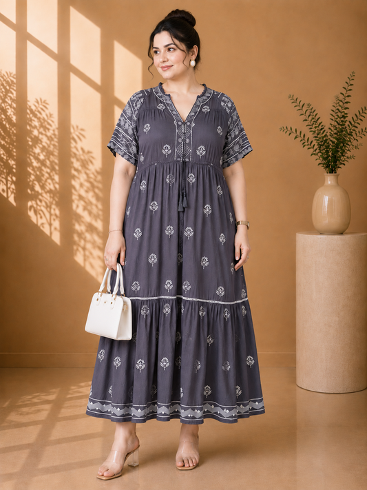 Slate Grey Bohemian Embroidered Tiered Maxi Dress