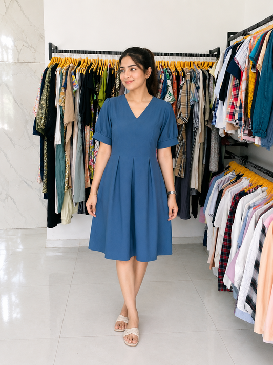 Royal Blue V-Neck Pleated A-Line Knee-Length Dress