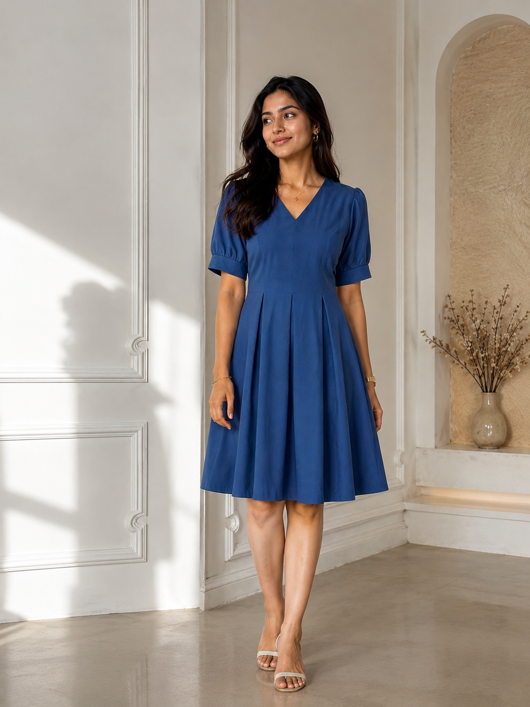 Royal Blue V-Neck Pleated A-Line Knee-Length Dress