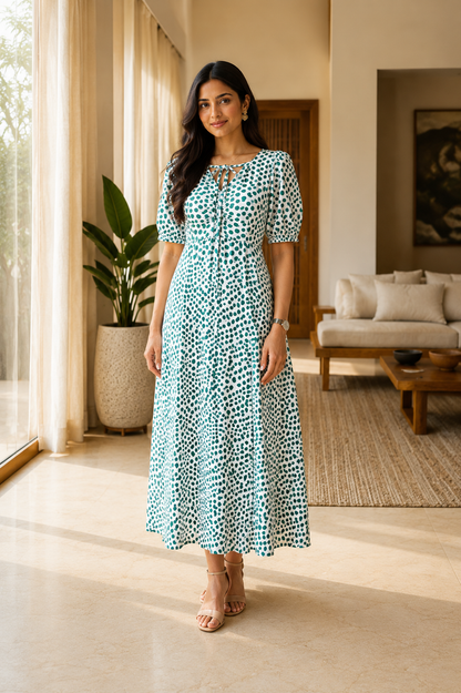 Green Polka Dot V-Neck Midi Dress with Puff Sleeves