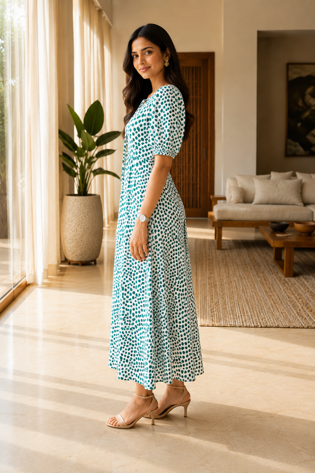 Green Polka Dot V-Neck Midi Dress with Puff Sleeves