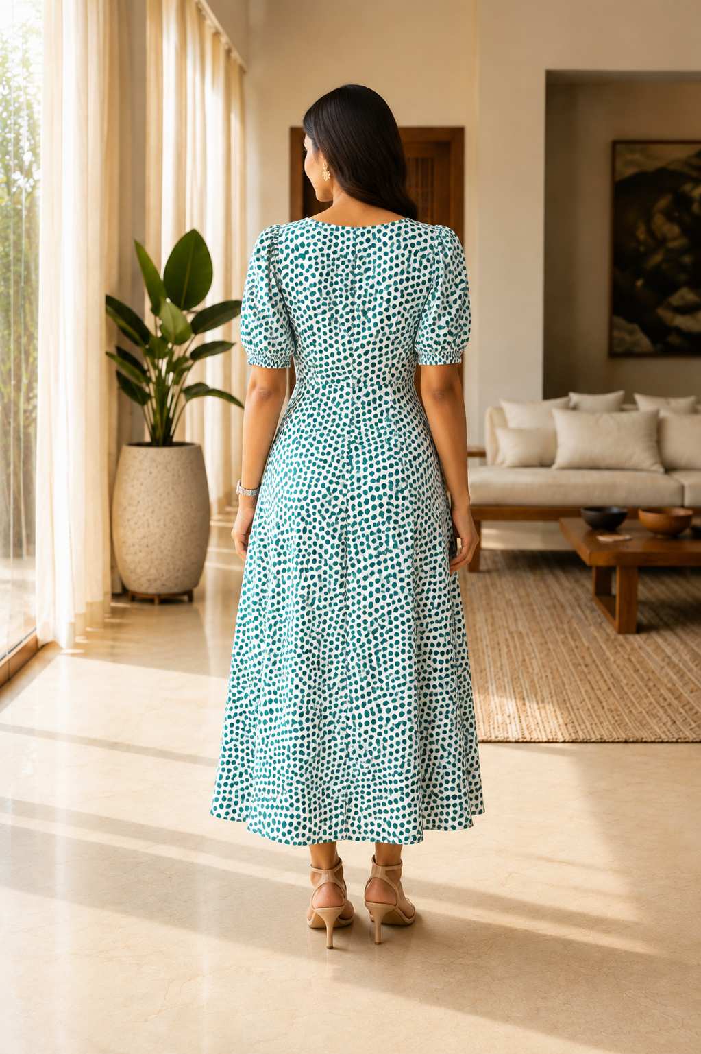 Green Polka Dot V-Neck Midi Dress with Puff Sleeves