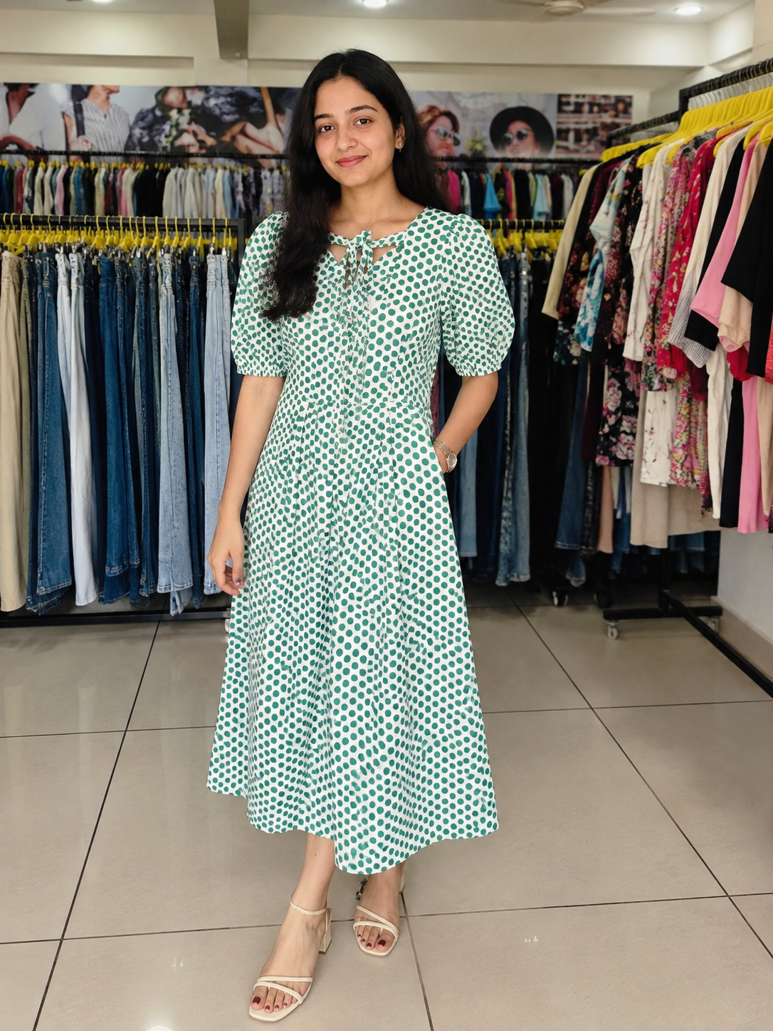 Green Polka Dot V-Neck Midi Dress with Puff Sleeves