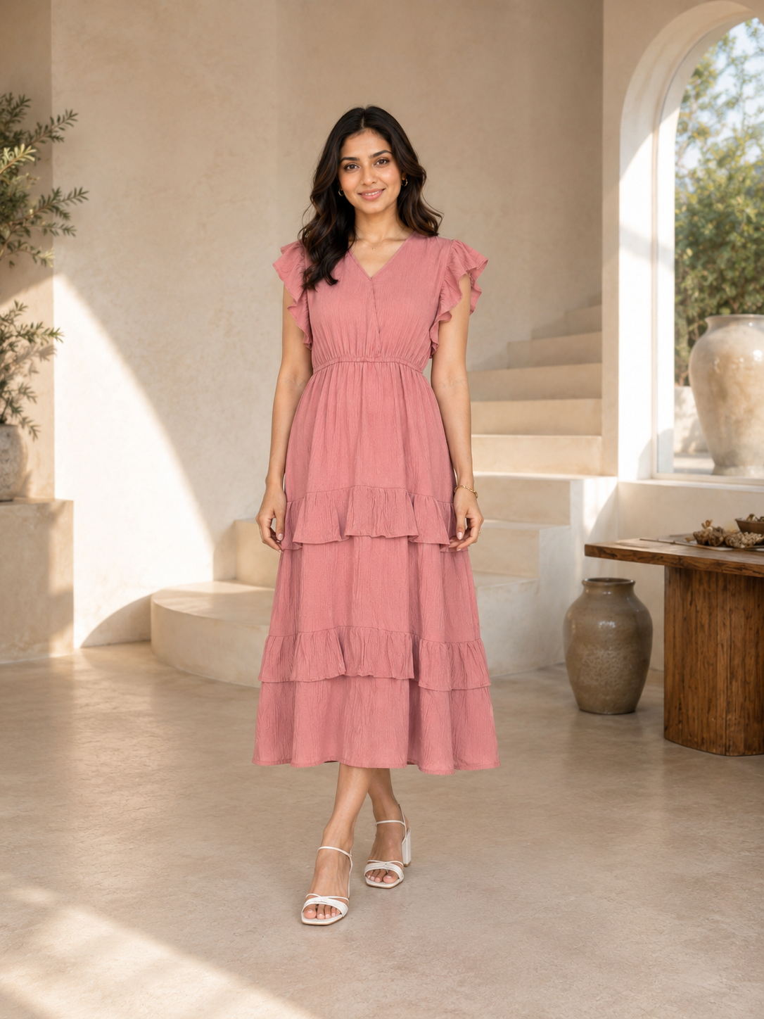 Dusty Rose Flutter Sleeve Tiered Midi Dress
