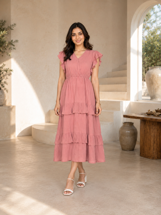Dusty Rose Flutter Sleeve Tiered Midi Dress