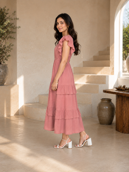 Dusty Rose Flutter Sleeve Tiered Midi Dress