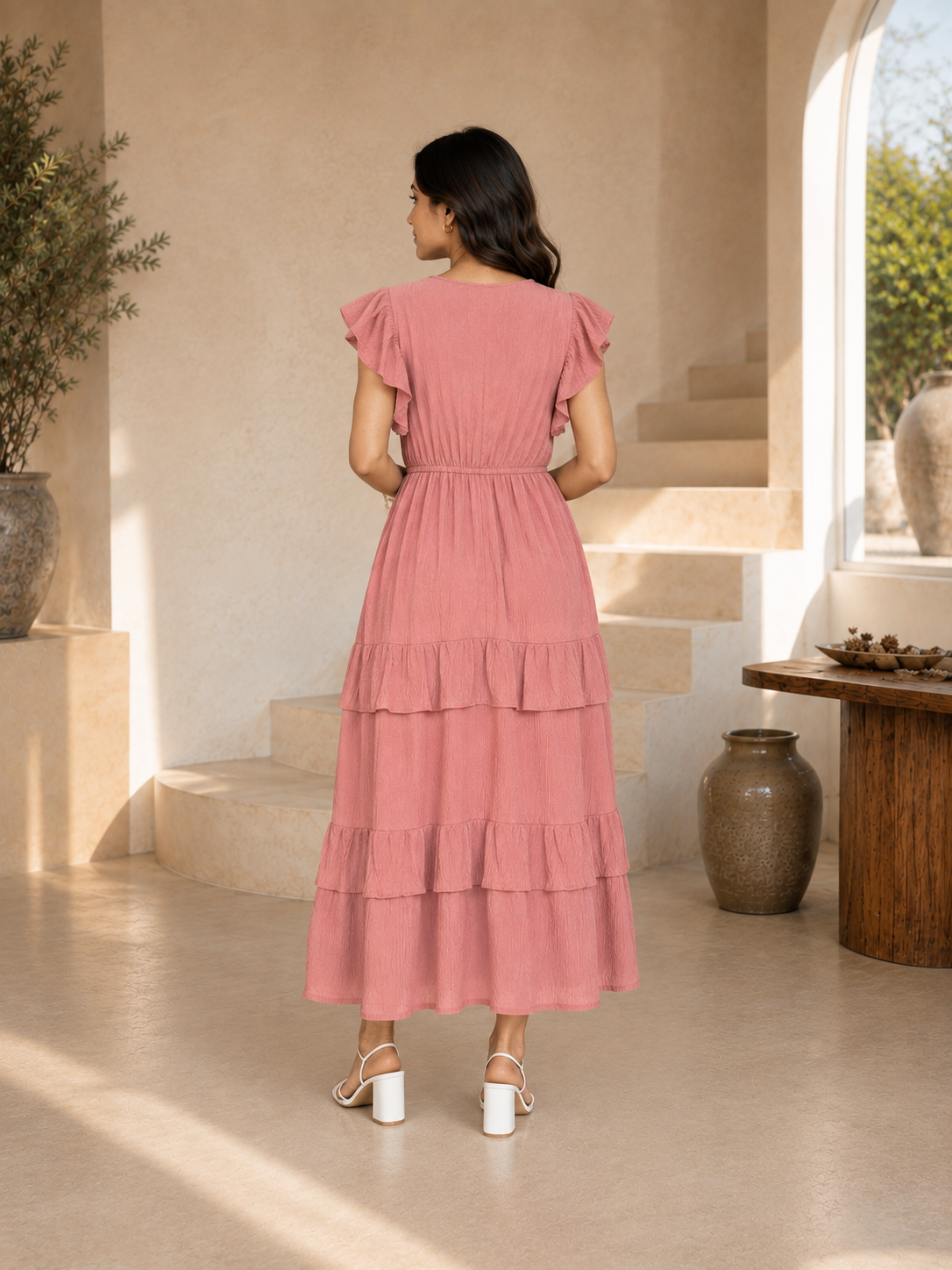 Dusty Rose Flutter Sleeve Tiered Midi Dress