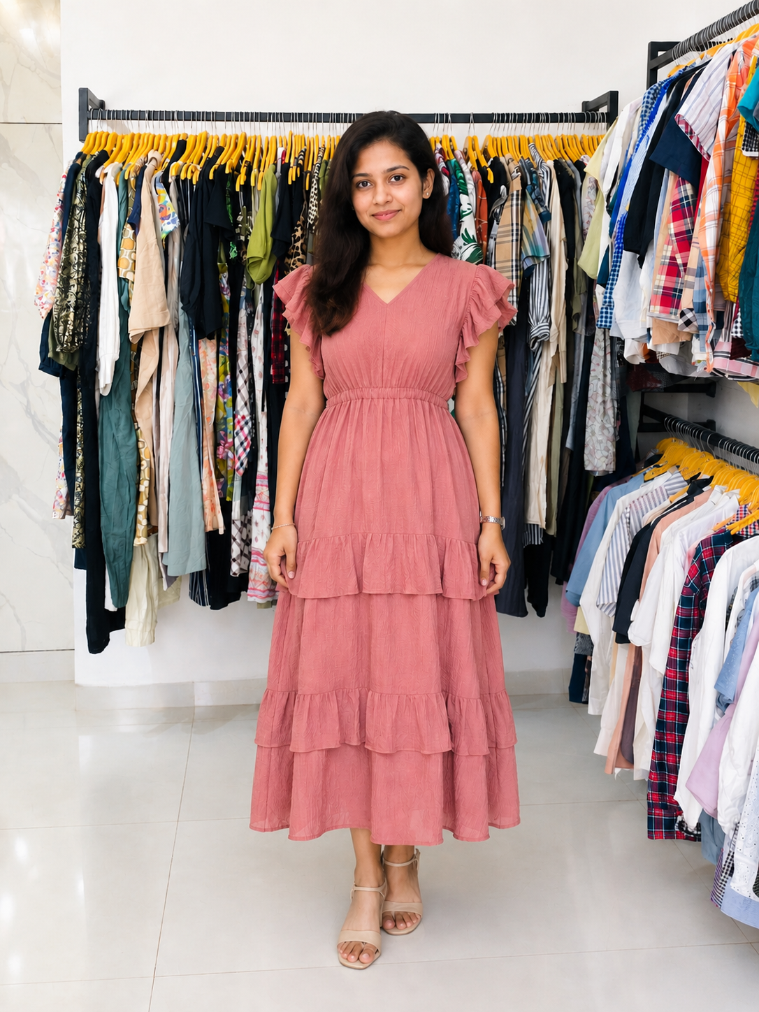 Dusty Rose Flutter Sleeve Tiered Midi Dress