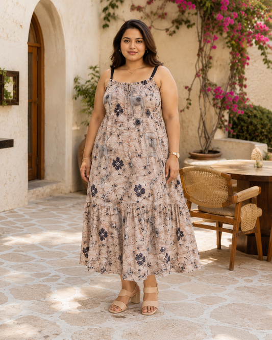 Embellished Woodland Stag Print Maxi Dress with Contrast Straps