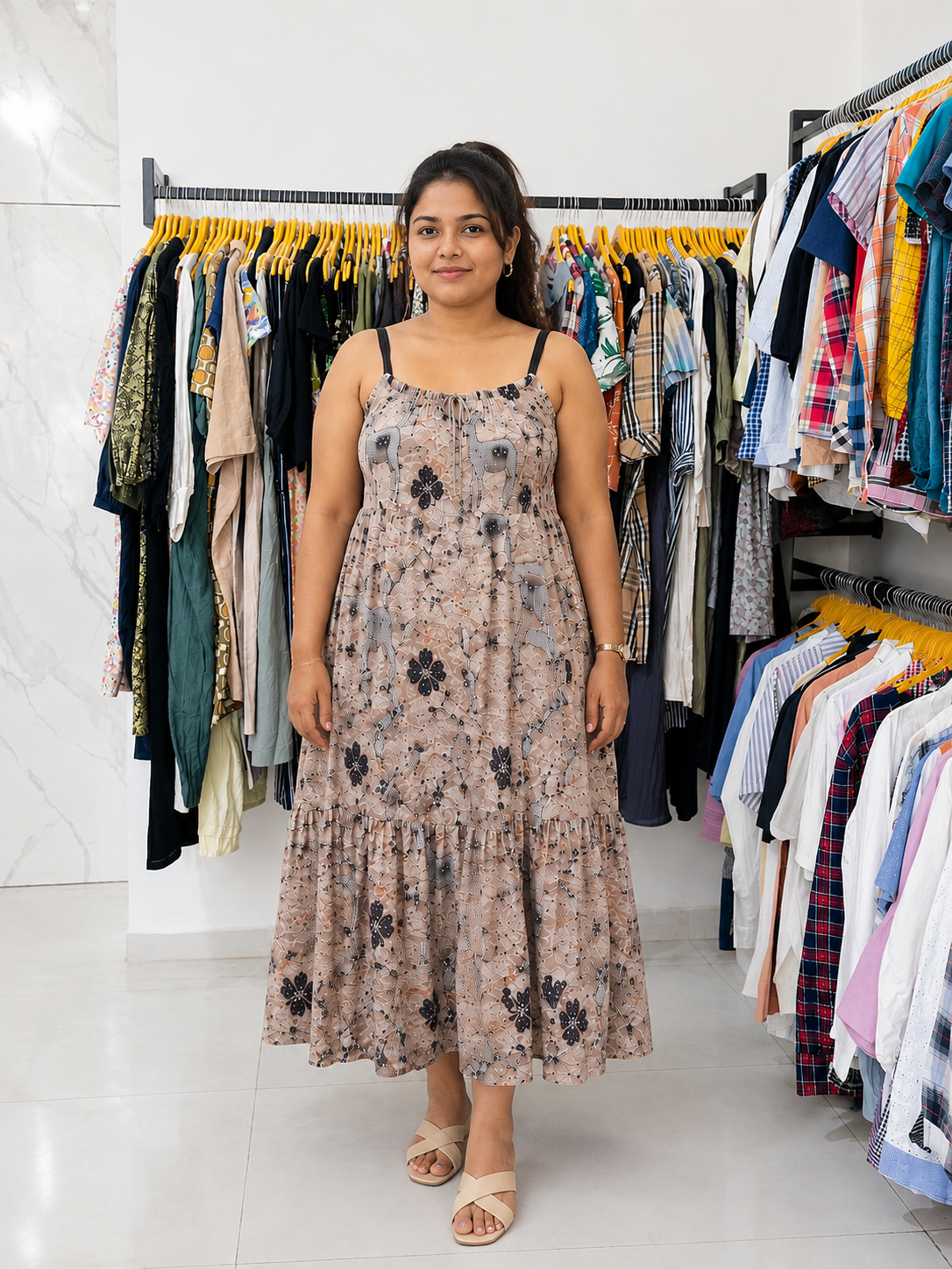 Embellished Woodland Stag Print Maxi Dress with Contrast Straps