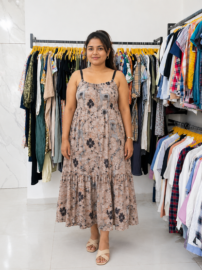 Embellished Woodland Stag Print Maxi Dress with Contrast Straps