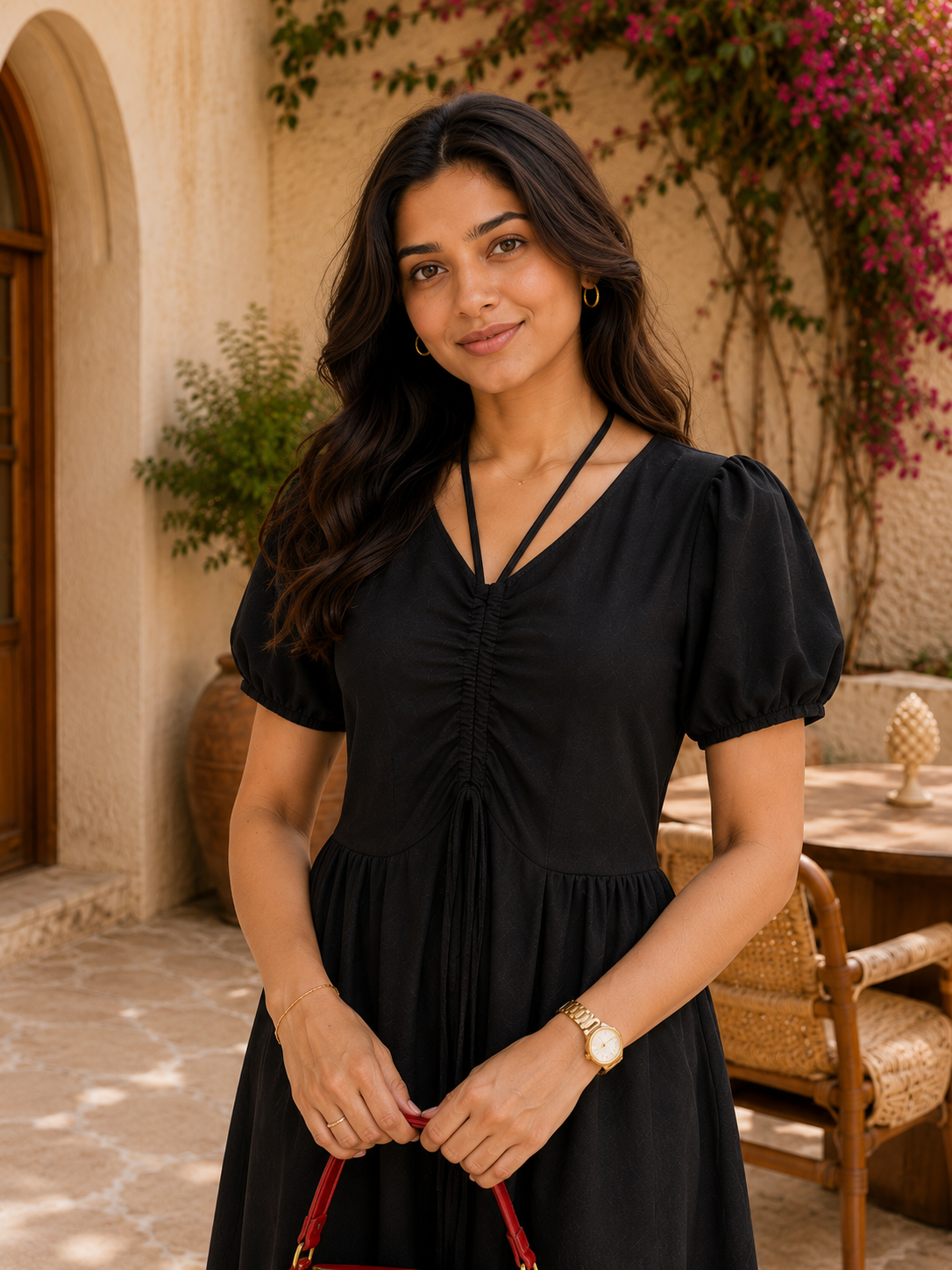 Black Ruched V-Neck Midi Dress with Puff Sleeves