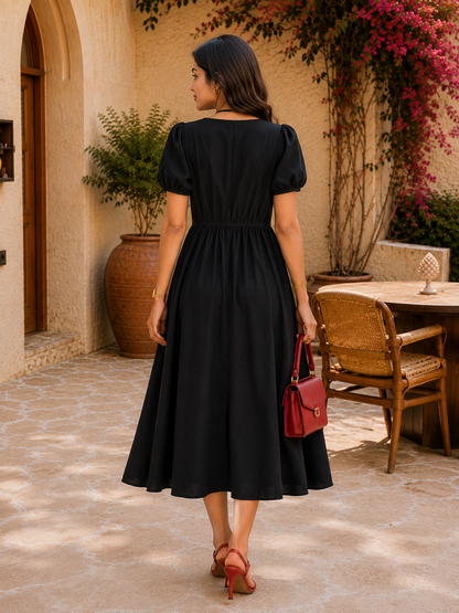 Black Ruched V-Neck Midi Dress with Puff Sleeves