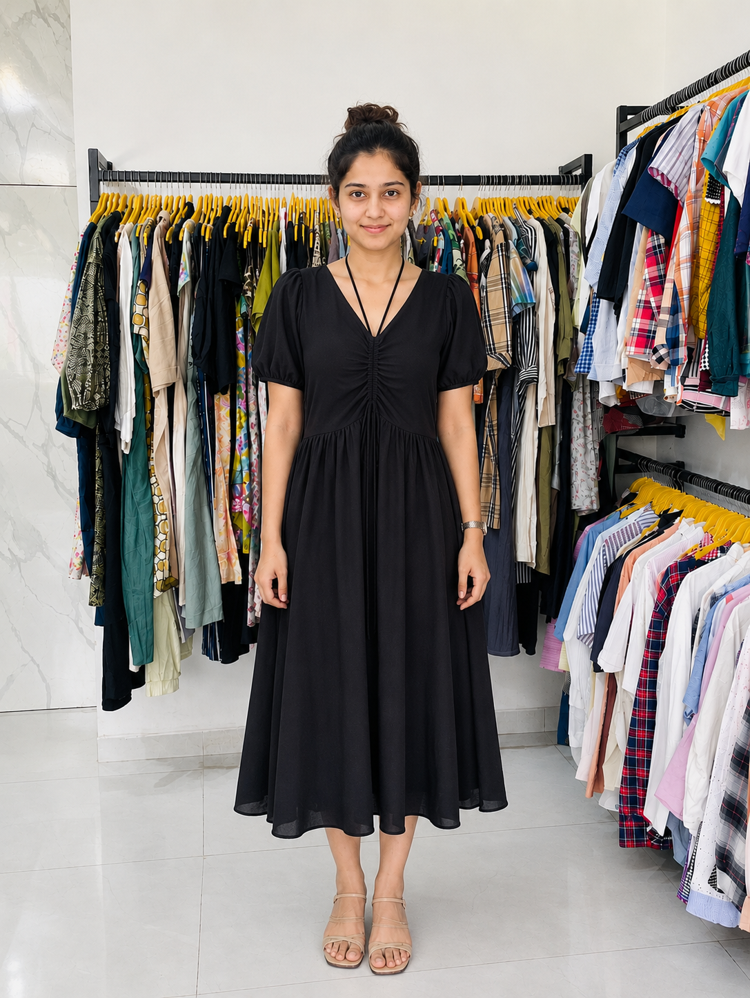 Black Ruched V-Neck Midi Dress with Puff Sleeves