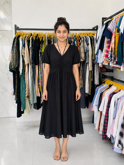 Black Ruched V-Neck Midi Dress with Puff Sleeves