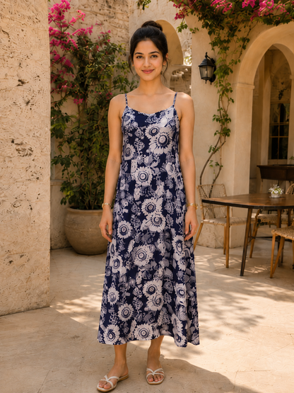 Women's Blue and White Floral Print Spaghetti Strap Slip Dress