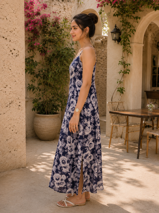 Women's Blue and White Floral Print Spaghetti Strap Slip Dress