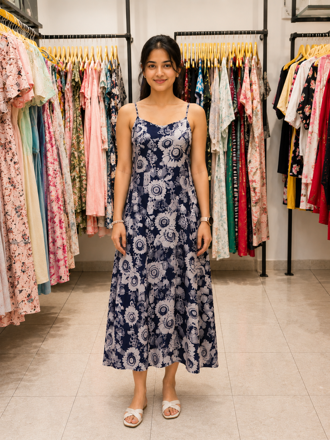 Women's Blue and White Floral Print Spaghetti Strap Slip Dress