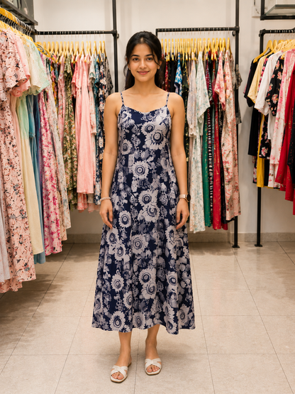 Women's Blue and White Floral Print Spaghetti Strap Slip Dress