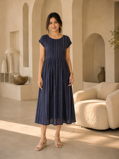 Navy Blue Multi-Stripe Cap Sleeve Midi Dress