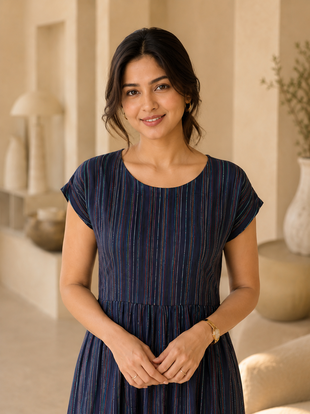Navy Blue Multi-Stripe Cap Sleeve Midi Dress