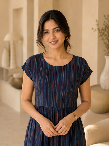 Navy Blue Multi-Stripe Cap Sleeve Midi Dress