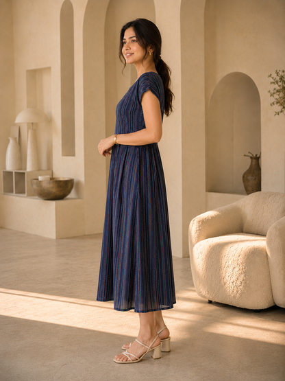 Navy Blue Multi-Stripe Cap Sleeve Midi Dress