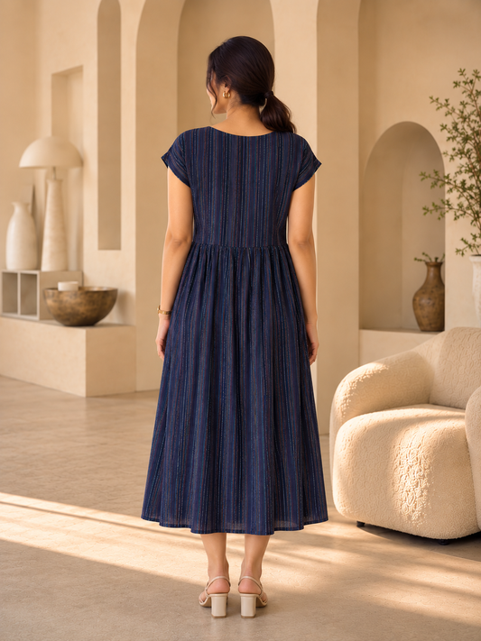 Navy Blue Multi-Stripe Cap Sleeve Midi Dress