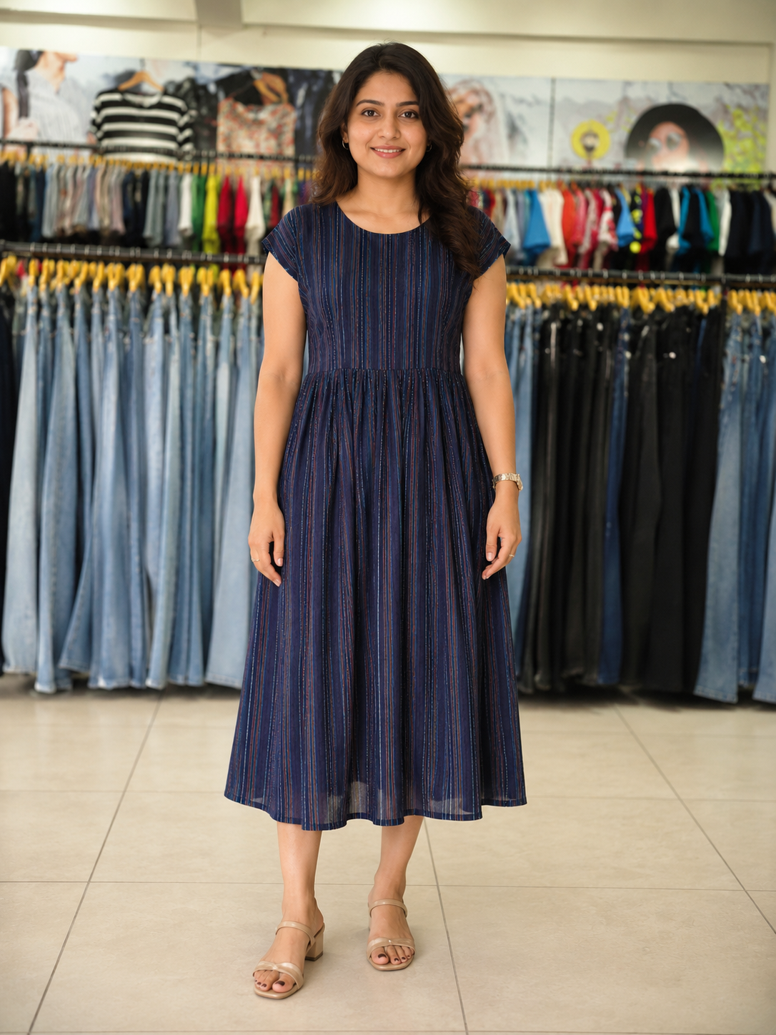 Navy Blue Multi-Stripe Cap Sleeve Midi Dress