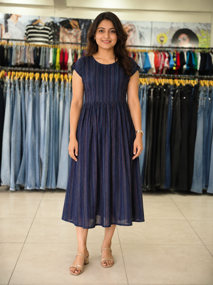 Navy Blue Multi-Stripe Cap Sleeve Midi Dress
