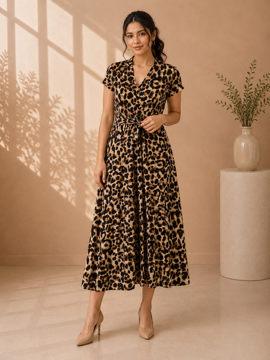 Wild Elegance Leopard Print Wrap-Style Midi Dress