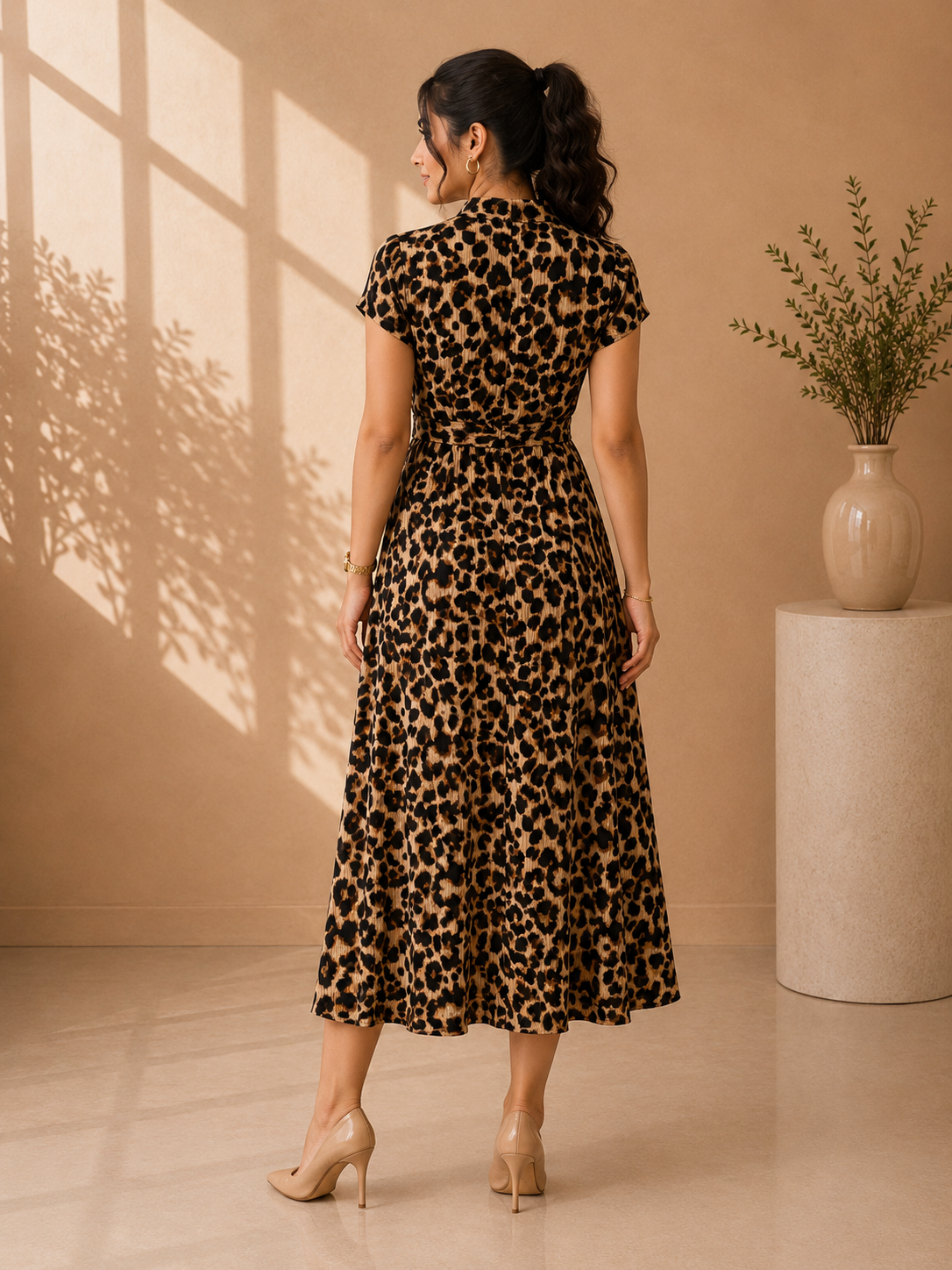 Wild Elegance Leopard Print Wrap-Style Midi Dress