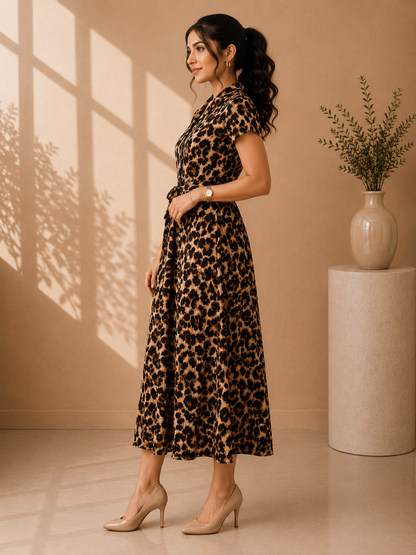 Wild Elegance Leopard Print Wrap-Style Midi Dress