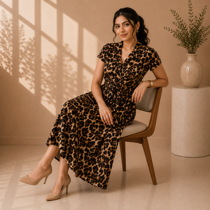 Wild Elegance Leopard Print Wrap-Style Midi Dress