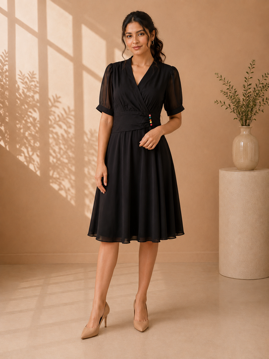 Classic Black V-Neck Fit & Flare Dress