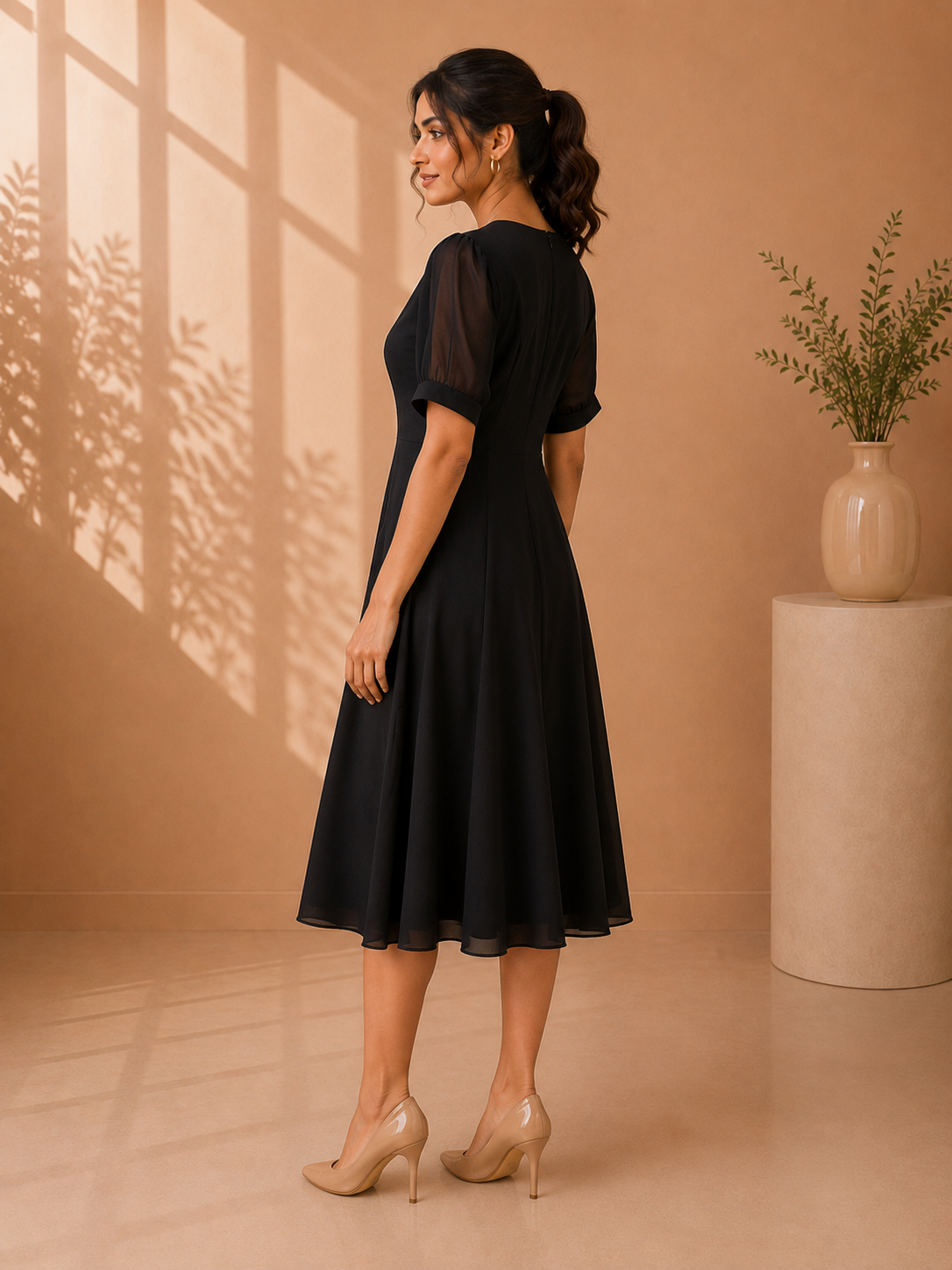 Classic Black V-Neck Fit & Flare Dress