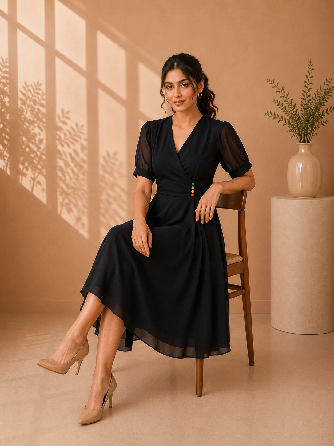 Classic Black V-Neck Fit & Flare Dress