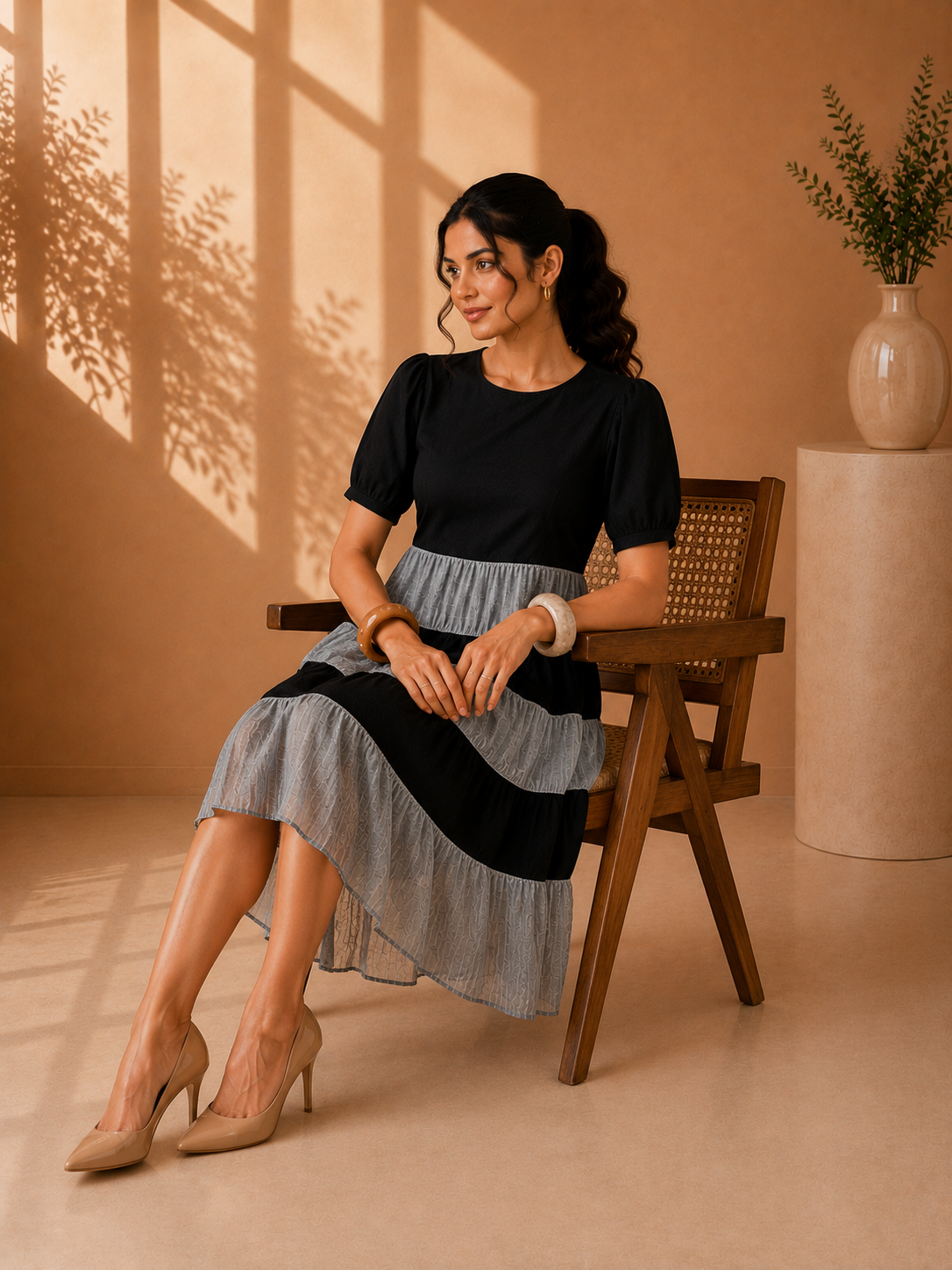 Black & Grey Tiered Mesh Mini Dress