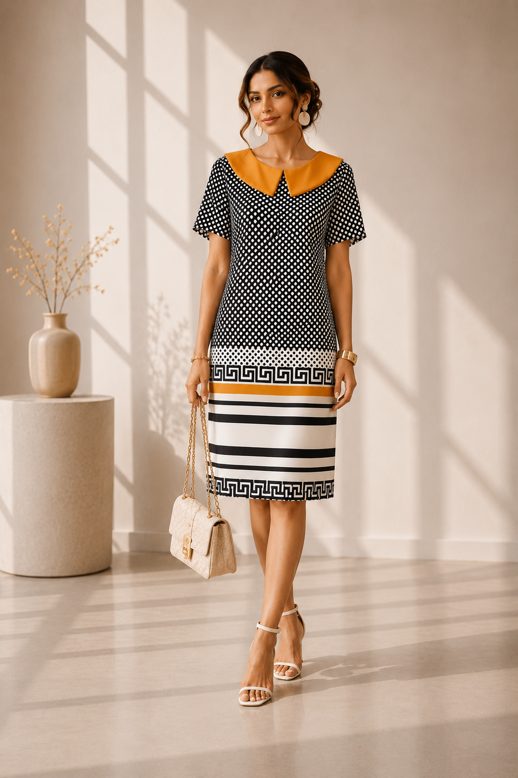 Polka Dot Contrast Collar Midi Dress