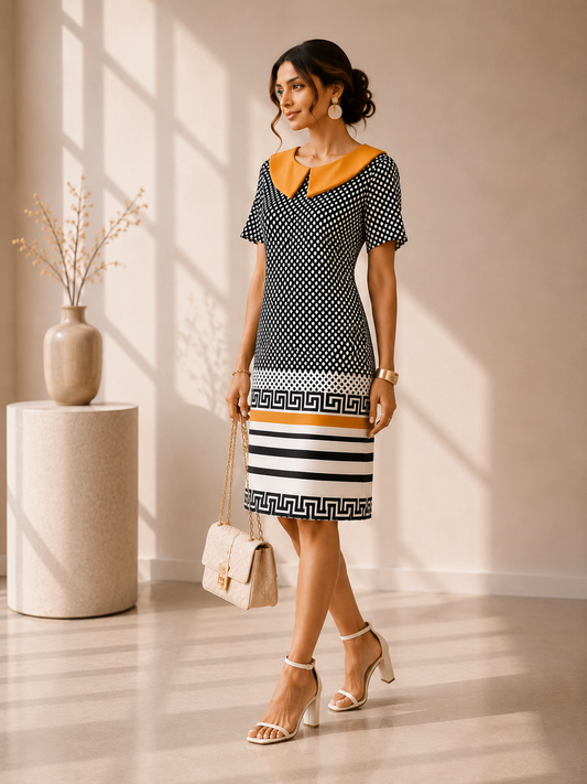 Polka Dot Contrast Collar Midi Dress