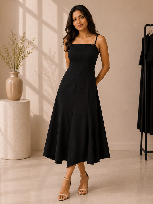 Classic Black Flared Midi Dress
