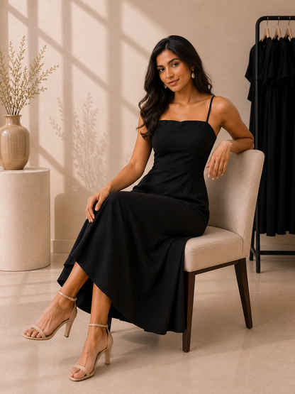 Classic Black Flared Midi Dress