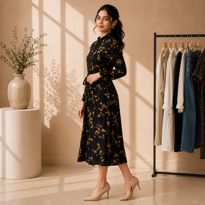 Midnight Floral Belted Midi Dress