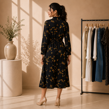 Midnight Floral Belted Midi Dress