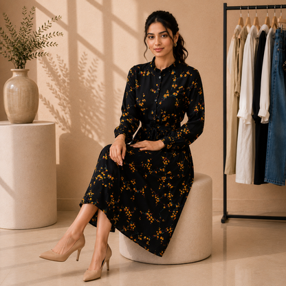 Midnight Floral Belted Midi Dress