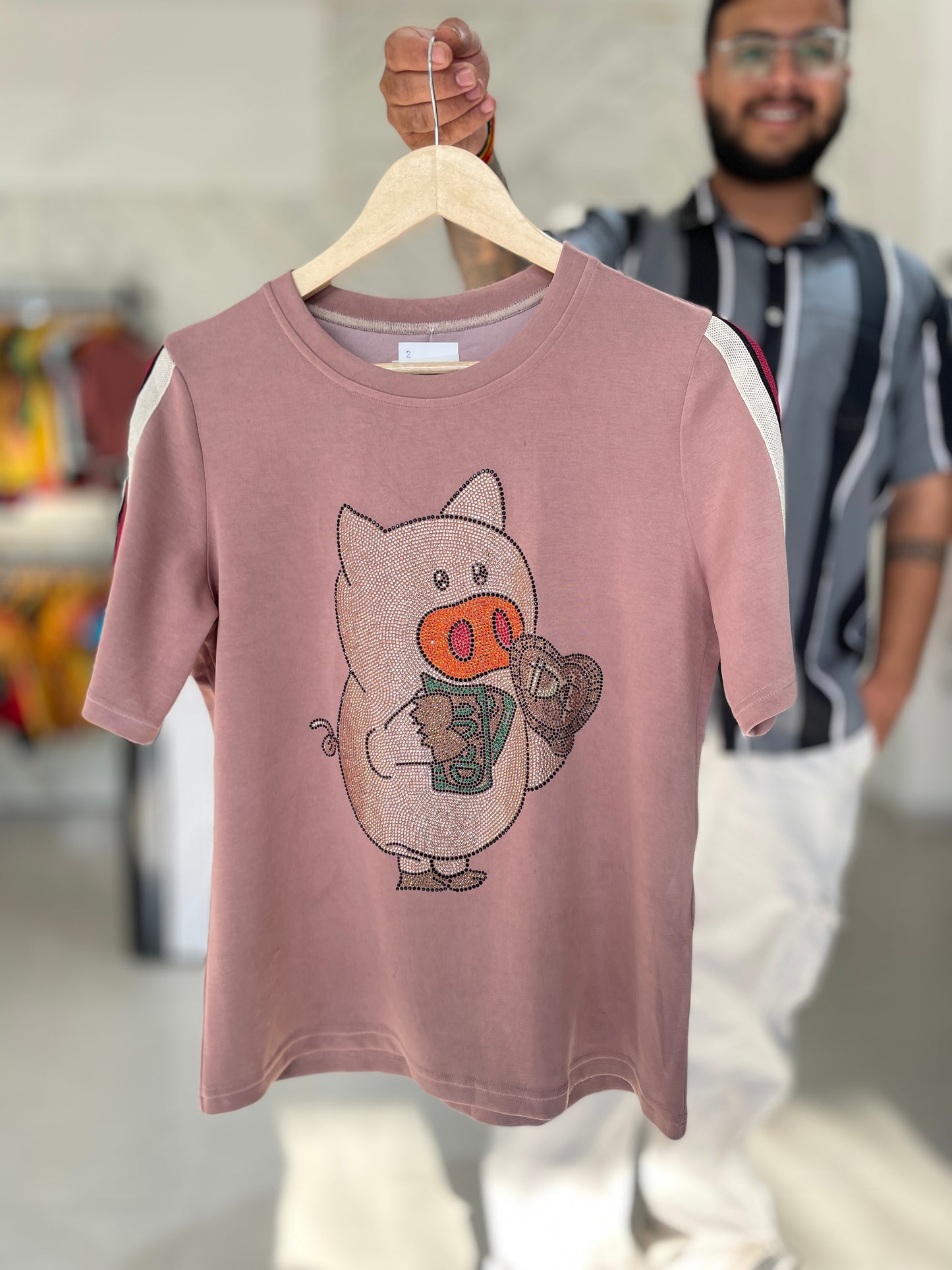 Women’s Cute Pig Rhinestone T-Shirt