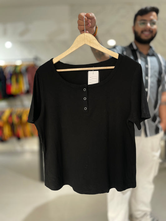 Women’s Solid Black Henley Neck T-Shirt – Minimal Casual Everyday Top